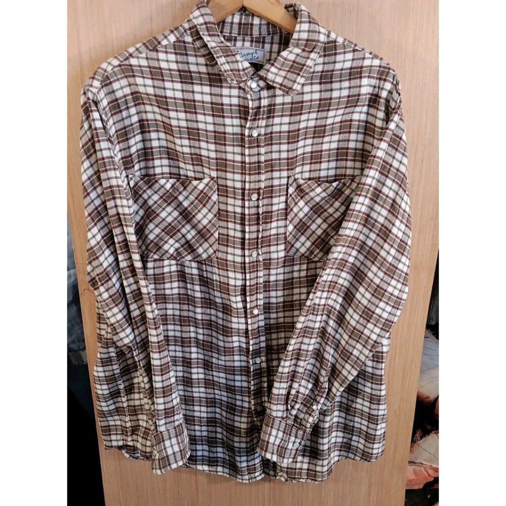 Haband Casual Joe Flannel Shirt M Men's Maroon/Gray Plaid Long Sleeve Pearl Snap